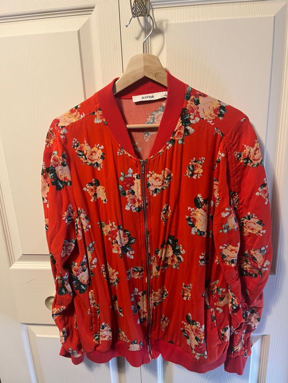 JustFab Red Floral Zip-Front Bomber